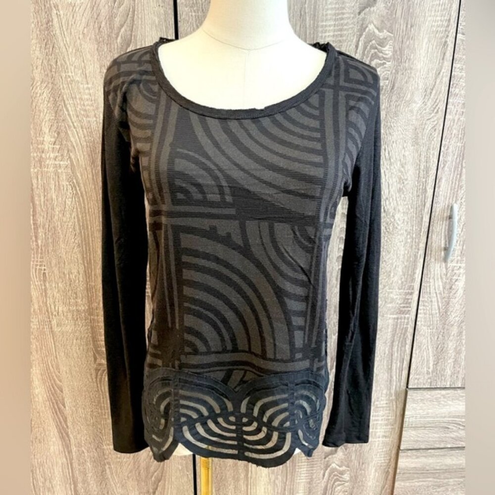 DESIGUAL Black Designer Tunic Long Sleeve Top w/ Scalloped Lace - M